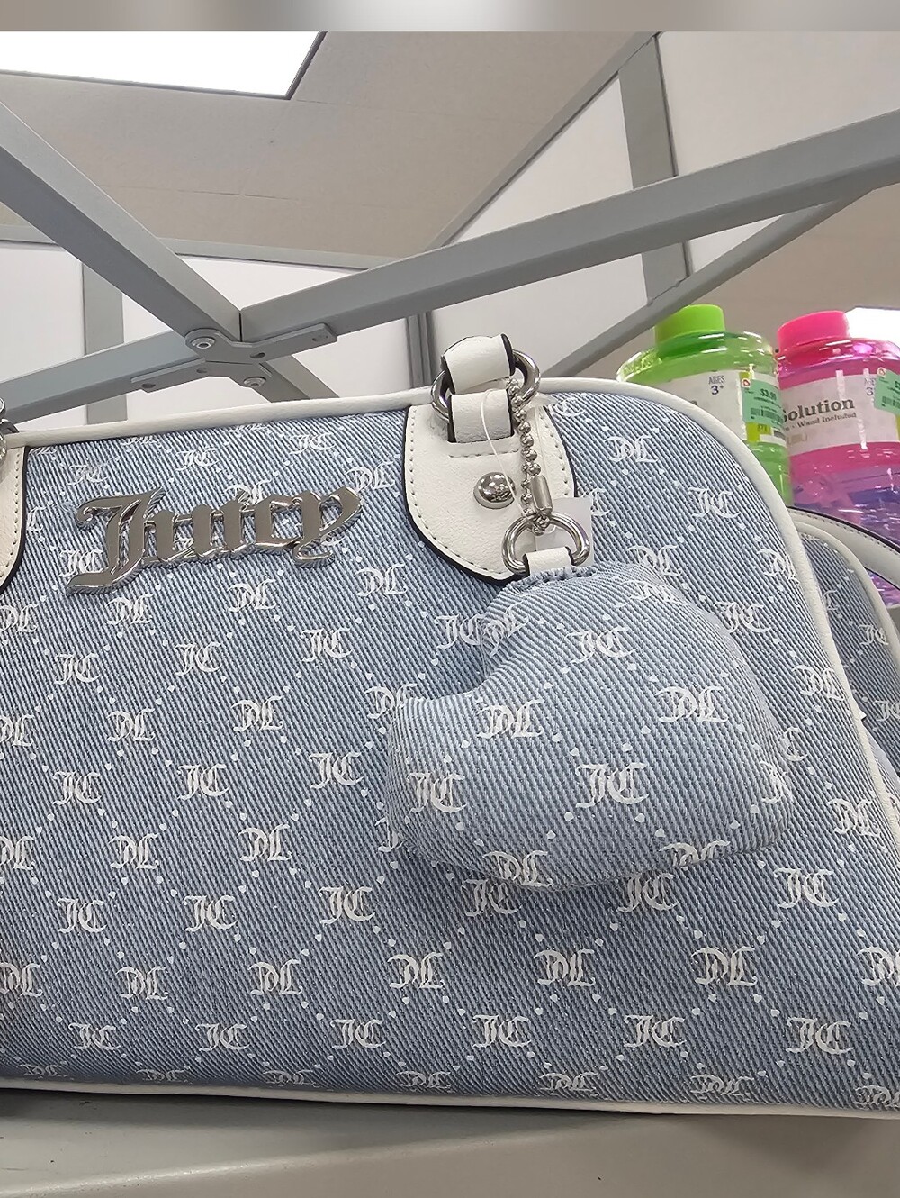 Juicy Couture Light Blue Denim Logo Satchel with White Trim